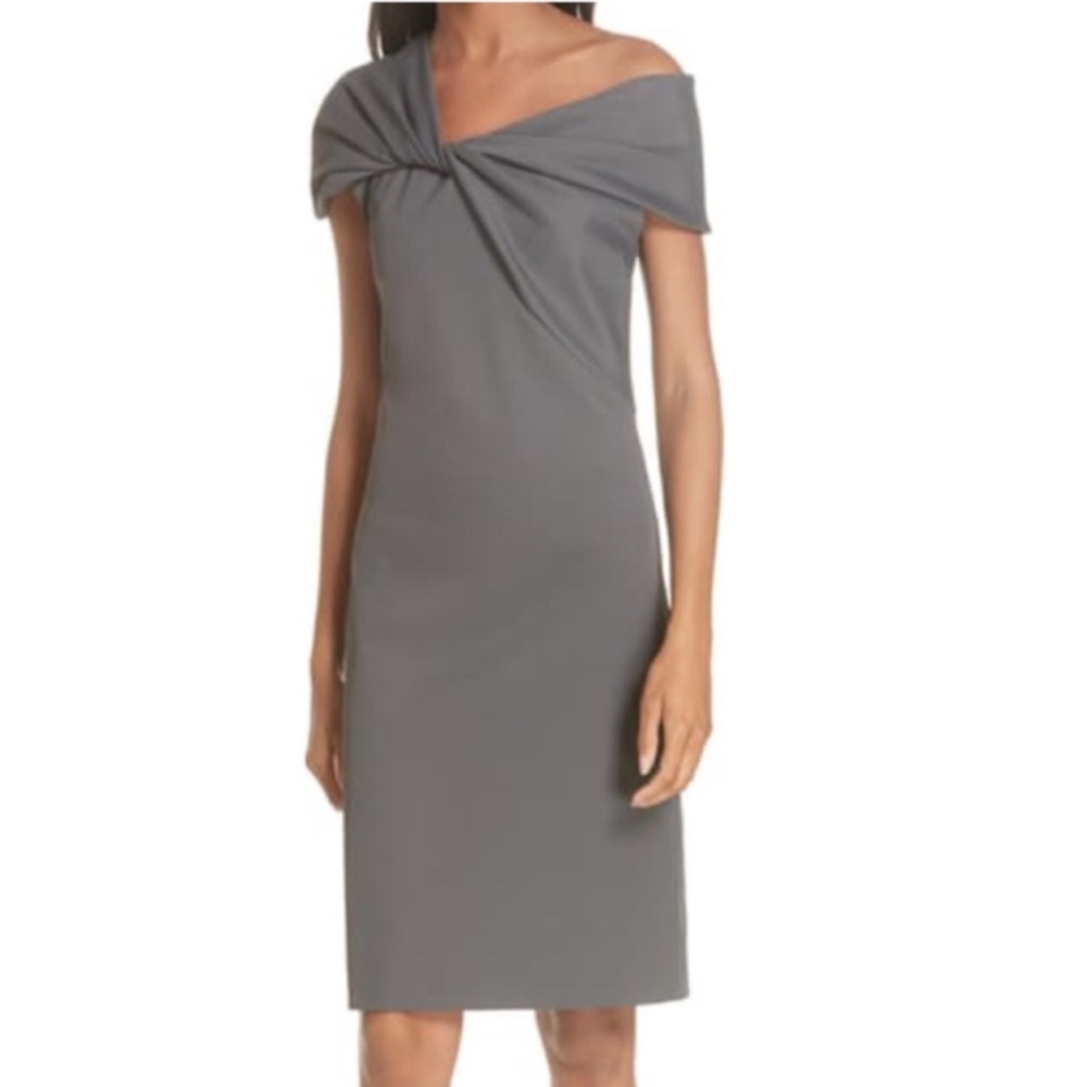 HELMET LANG Twist Rib Texture Asymmetrical Neck Short Sleeve Dress, Carbon, M